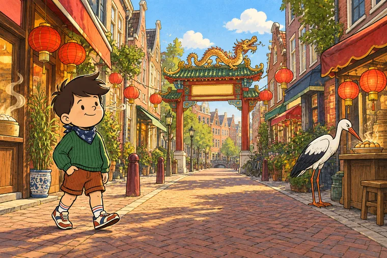 Noah loopt door een straat met lampionnen, de ooievaar eet onderweg iets lekkers