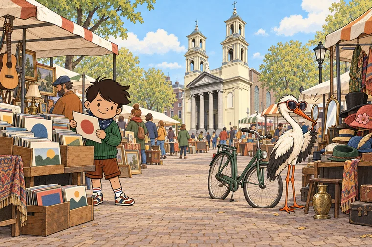 Noah bekijkt platen op de vlooienmarkt, de ooievaar past hoeden