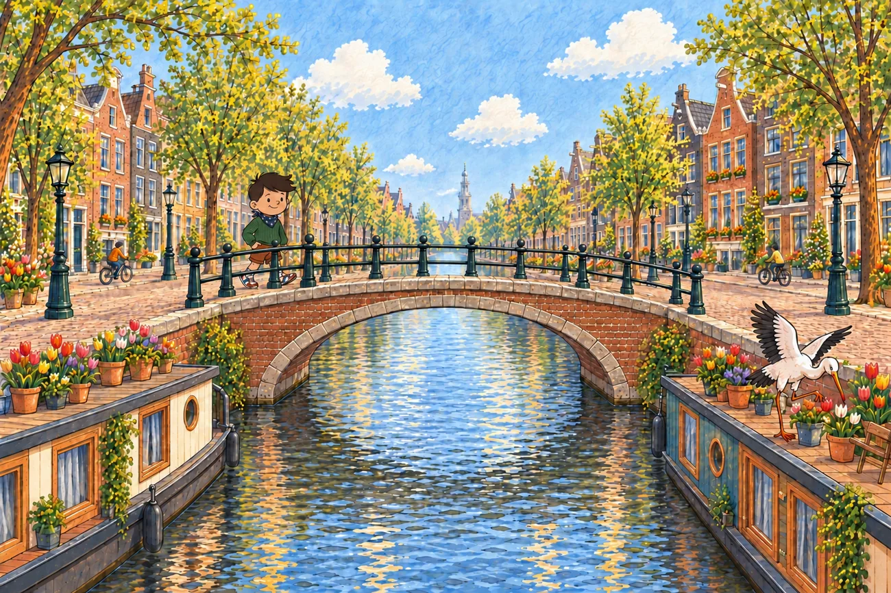 Noah steekt een Amsterdamse gracht over via een stenen brug, met woonboten, tulpen en een overvliegende ooievaar