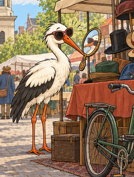 De ooievaar uit Mijn Stadje, met een zonnebril op de vlooienmarkt